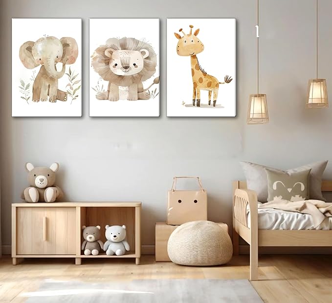 UNDDISINS 3 Pcs Animal Nursery Canvas Wall Art Watercolor Baby Animals Painting Picture Wall DecorCute Elephant Giraffe Lion Nursery Paintings Artwork for Kids Room Baby Girl Room Home Decoration