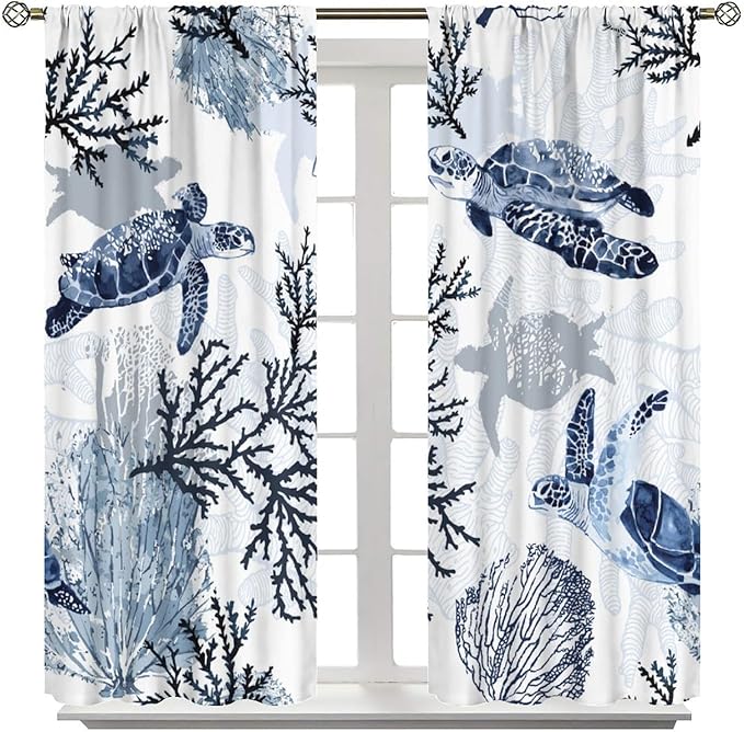 Coastal Nautical Curtains, Turtle Beach Sea Seashell Theme Pattern Blackout Print Home Bedroom Living Room Window Treatmen 2 Panel Set 42x45 Inch