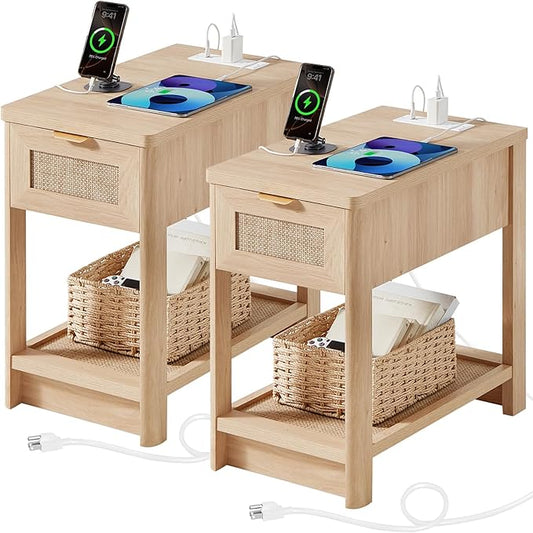 Lerliuo Rattan Night Stand Set of 2, Narrow Nightstand with Charger Station, Boho Bed Side End Table with Drawer Rattan Shelf for Small Spaces, Natural Wood Bedside Tables for Living Room Bedroom