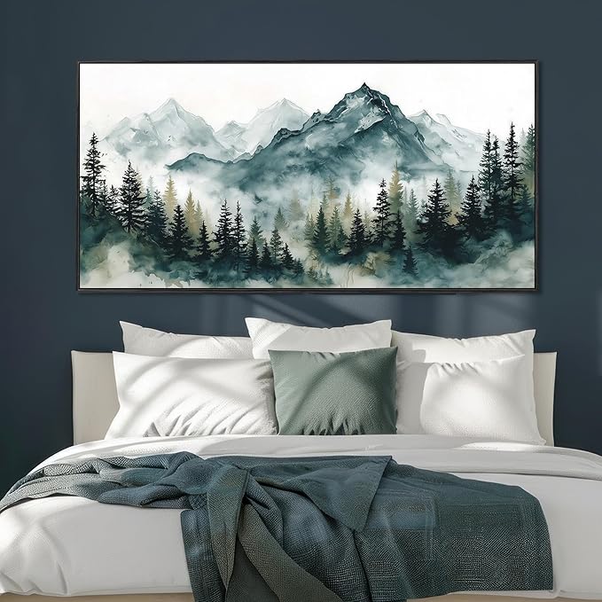Large Framed Foggy Mountain Wall Art for Living Room, Watercolor Forest Landscape Canvas Paintings Artwork Green Nature Prints Art Rustic Wall Decor Modern Misty Pine Trees Pictures for Office 28"x58"