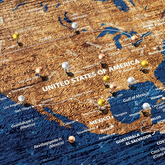 ElephantStock - Personalized Our Travel I Push Pin World Map Wall Art - Horizontal Canvas Wall Art - Living Room Wall Decor - Digital Art Map Canvas Art - Brown And Blue Decor - 51" x 34"