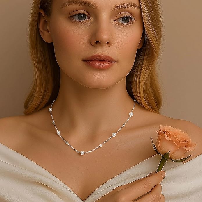 SmileBelle Pearl Necklaces for Women, Daisy Pearl Choker as Christmas Stocking Stuffers for Teens, Silver Daisy Pearls Jewelry Trendy Stuff Birthday Gifts 3 Pearls White Necklace as Wedding Jewelry
