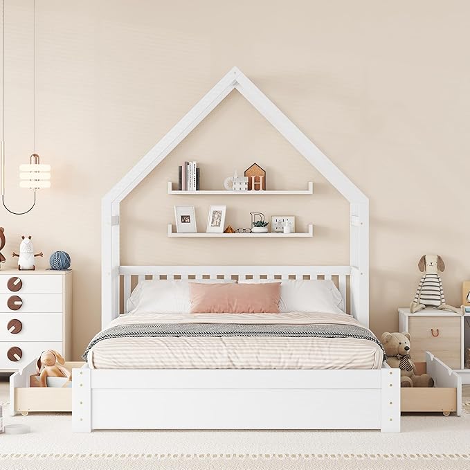 Merax Wood Queen Size House Platform Bed with Guardrail and 2 Drawers, Wooden Bedframe for Boys Girls Adult, No Spring Box Needed, White