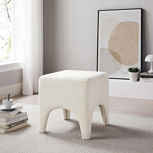 17" Boucle Modern Square Foot Stool Ottoman, Vanity Stool for Makeup, Rectangle Foot Rest for Couch, Upholstered Ottoman Stool for Living Room, Bedroom, Entryway (1, White)