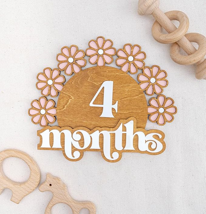 Wooden Baby Monthly Milestone Set, Floral Baby Age Tracker with Numbers and Months Weeks Signs, 3D Layered Wood Photo Prop for Newborn Monthly Pictures, Cute Floral Nursery Keepsake