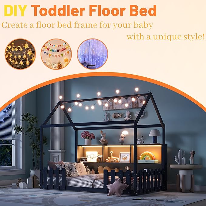 Twin Size Montessori Bed for Kids, Montessori Floor Bed with LED Light and Storage Bookshelf, Kids Beds with Guardrails for Boys & Girls, Navy Blue
