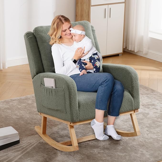Rocking Chair Nursery, Sherpa Nursing Rocking Chairs, Upholstered Nursery Glider Rocker for Mom Nursery Morden Accent Rocking Chair with Lumbar Pillow for Living Room,Bedroom,Teddy Green