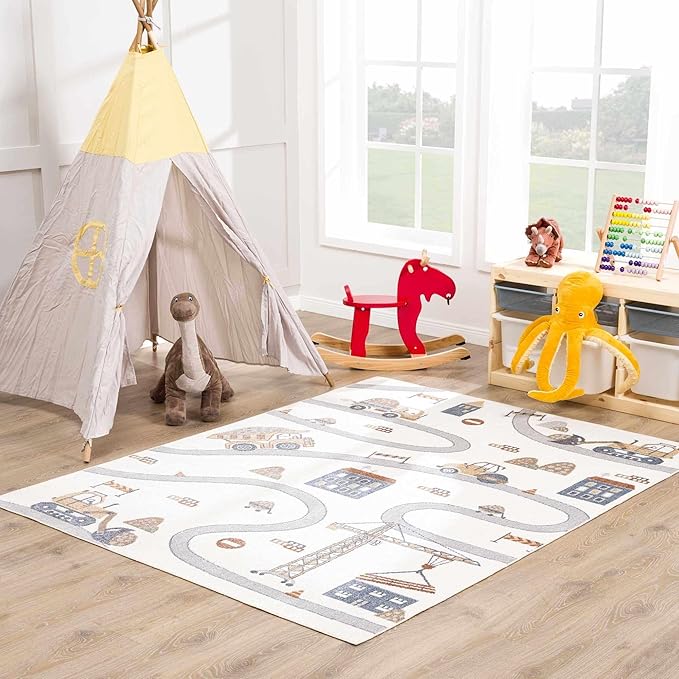 Hauteloom Olwen Kids Room, Nursery, Playroom Machine Washable Area Rug - Road, Construction Vehicles - Cream, Light Gray - 6'7" x 9'
