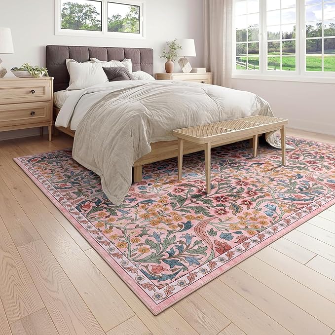 8x10 Washable Area Rug for Living Room, Floral Non-Slip Non-Shedding & Easy Care, Large Soft Low Pile Botanical Indoor Floor Carpet for Living Room, Bedroom, Dining Room, Kids Playroom, Nursery, Pink