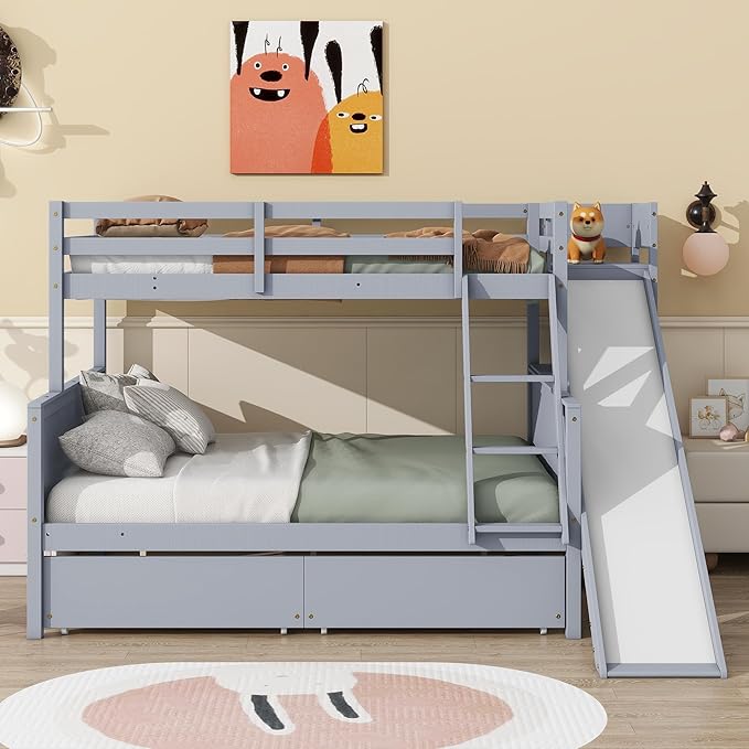Twin Over Full Bunk Bed with 2 Drawers and Slide, Wood Bunk Bed Frame with Shelves and Ladder, Space Saving Design Bunk Bed for Kids Teens Boys Girls (Grey-x32c)