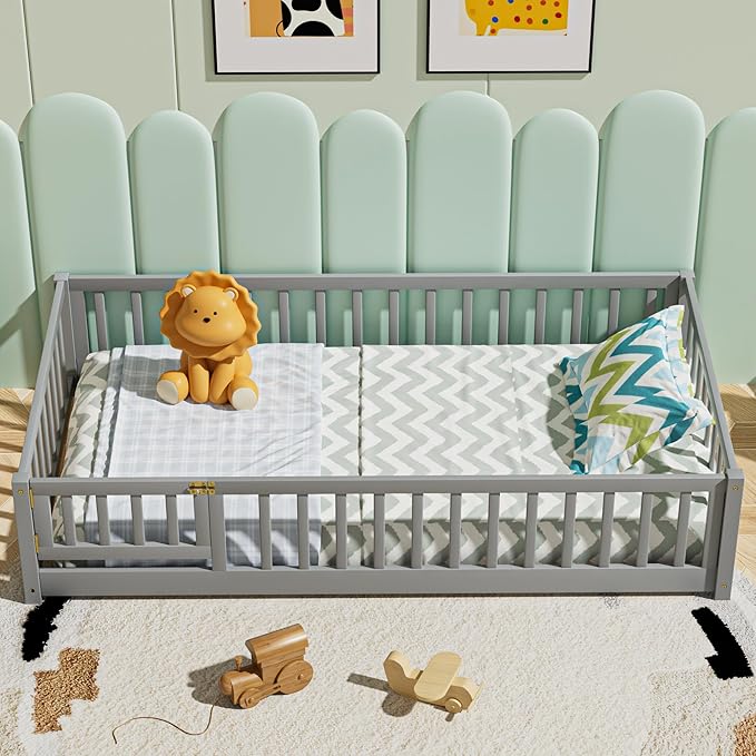 i-POOK Twin Floor Bed for Children, Sturdy Wood Montessori Bed Frame with Wood Slats, Fence & Door, Montessori Floor Bed for Girls and Boys, Gray