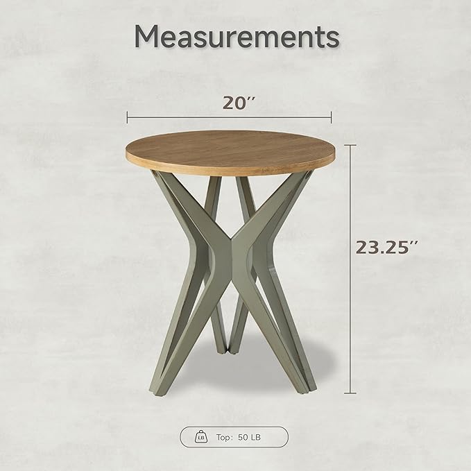 LONYKE Pedestal Farmhouse End Table, Distressed Top with Tripod Base Bedside Table for Living Room, Modern, Boho, Round, Sage Green