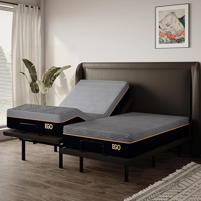 EGOHOME Split King Adjustable Bed Frame and 12" Memory Foam Mattress, Independent Head and Foot Incline Electric Bed with Massage, Wireless Remote, Zero Gravity, LED Lights, USB Ports, Adjustable Legs