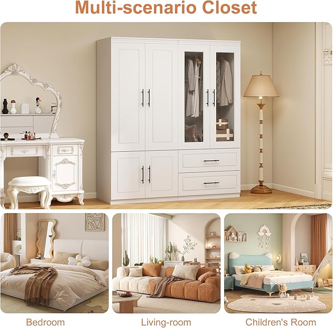 Armoire Wardrobe Closet with 2 Glass Door: White Wood Wardrobe Closet Wooden Bedroom Armoire 2 Drawer with Hanging Rods for Home/Bedroom/Living Room