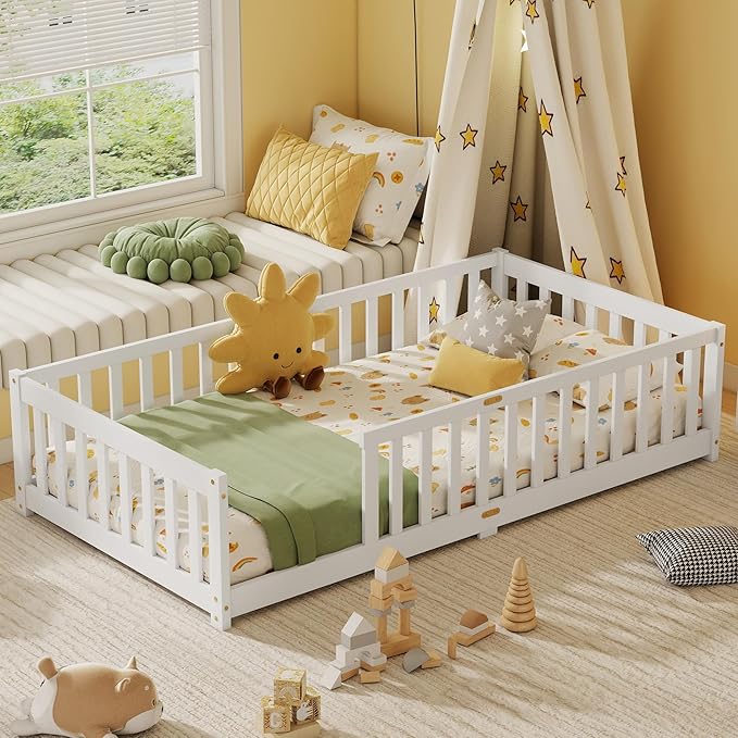 Twin Size Floor Bed for Kids, Wood Montessori Floor Beds with Fence Railings and Slats Support, Twin Playhouse Bed Frame for Boys Girls, No Box Spring Needed, White