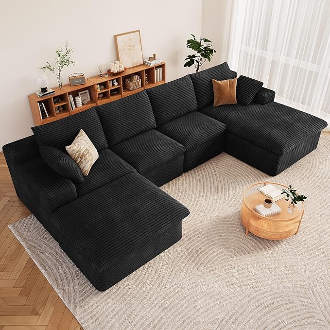 136" Cloud Modular Sectional Sofa with 1 Ottoman, Deep Seat Boneless Couch, Modern Upholstered Corduroy Couches, Comfort U Shaped Sofa for Living Room, No Assembly Required(Black,Right Facing Chaise)
