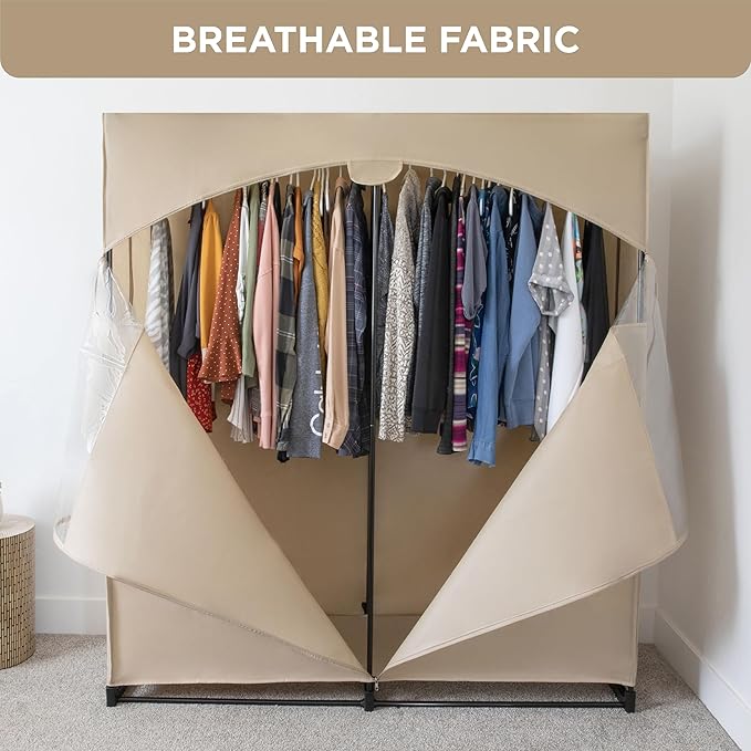 HOLDN’ STORAGE Portable Wardrobe Closet - 65 lb Large Capacity, Internal Heavy Duty Metal Rod, Zipper & Clear Window, Durable Clothes Organizer, Tool-Free Easy Assembly, Beige Canvas Cover