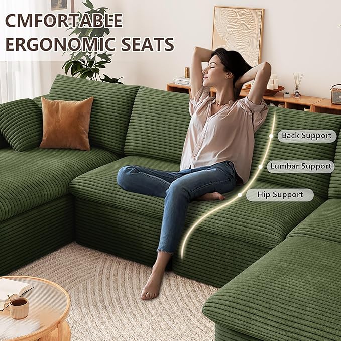 136" Cloud Modular Sectional Sofa with 1 Ottoman, Comfort U Shaped Sofa for Living Room, Deep Seat Boneless Couch, Modern Upholstered Corduroy Couches, No Assembly Required(Green,Left Facing Chaise)