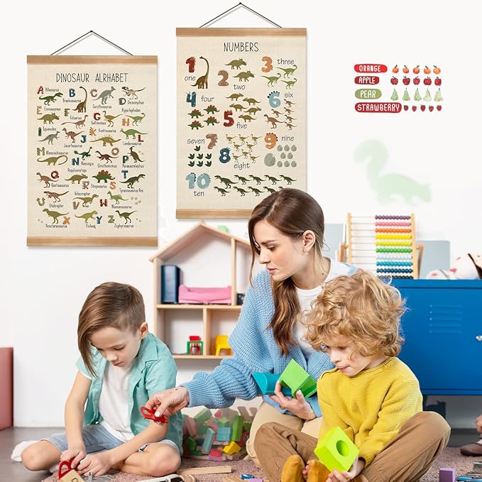 ZTGDA Dinosaur Alphabet Numbers Poster Set of 2,Alphabet Numbers Wall Art, ABC &123 Banner Poster, Dinosaurs Hanging Decor for Toddler Room Playroom Nursery Wall Classroom Decor 12x16inch (Dinosaur)