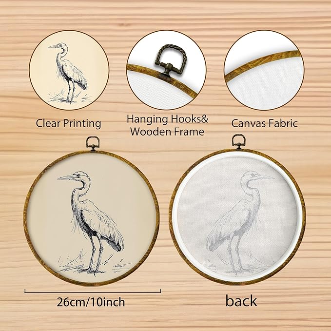 Hiuwevt Vintage Heron Bird Round Wall Art Decor, Retro Neutral Sketch Heron Framed Canvas Prints, Coastal Bird Round Wall Hanging Decor for Home Living Room Bedroom Decorations, 10x10 Inches