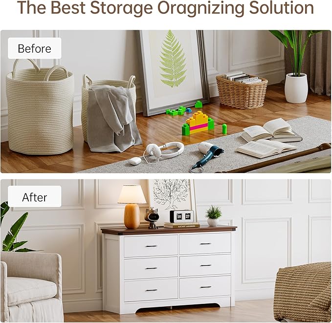 Farmhouse 6 Drawer Dresser for Bedroom, 51" Wide Chest of Drawers, Wooden Dresser Tv Stand, Storage Dressers Organizer for Bedroom, Living Room, Hallway, White