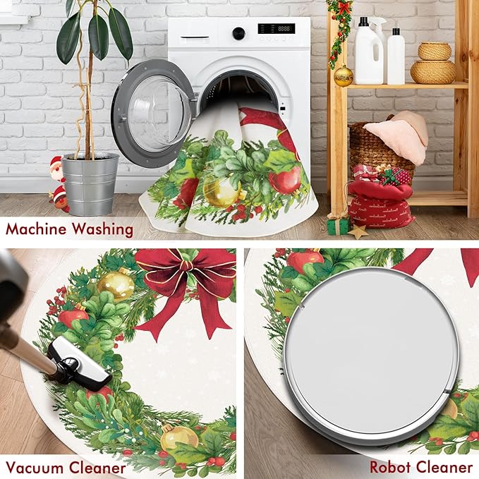 6' Machine Washable Christmas Round Area Rug, Non-Slip Vintage Floral Circle Floor Rugs for Kids, Low Pile Room Carpet for Living Room, Bedroom, Dining Room & Nursery(6' Christmas Wreath)