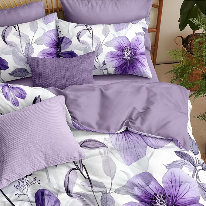 Nayoroom Purple Floral Comforter Set Queen Size Lavender Blooming Flower Leaf Printed Spring Comforter 3 Pcs Soft Lightweight Cottagecore Bedding Set for All Seasons (1 Comforter, 2 Pillowcases)