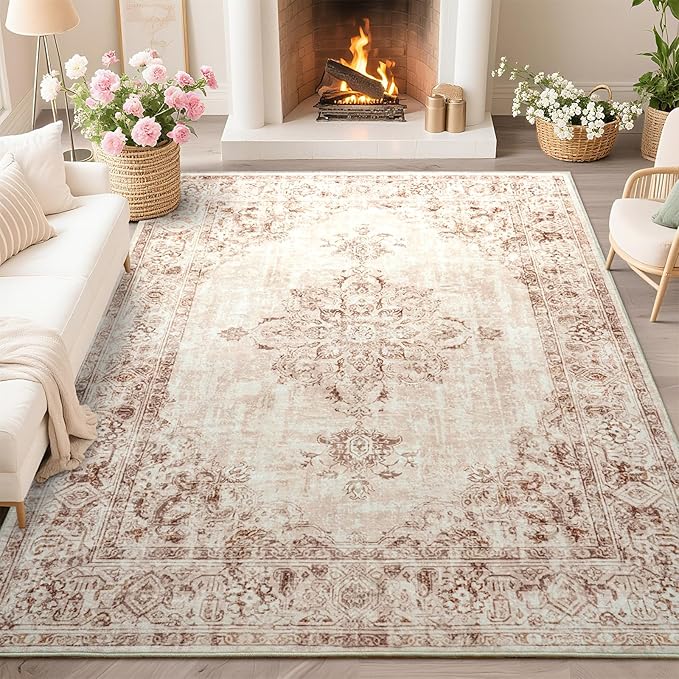 Area Rug 8x10, Washable Rug for Living Room, Large Area Rugs for Bedroom, Vintage Rug 8x10 for Dining Room, Non Slip Soft Low Pile Indoor Carpet for Kitchen, Nursery, Office, Farmhouse, Beige