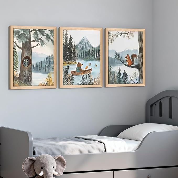 Framed Cute Animals Wall Art Set of 3, Woodland Bear Canoe Adventure Nursery Decor, Owl Squirrel Kids Room Pictures Prints, Wild Animals Canvas Wall Decor for Baby Room Decor – 16x24 inch