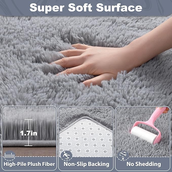 EVOIONOS 6x9 Washable Large Area Rug for Living Room, Fluffy Shag Rug for Bedroom, Ultra Soft Plush Non Slip Carpet for Indoor Floor Bedside Nursery Kids Girls Room Dorm, Home Decor Aesthetic, Grey