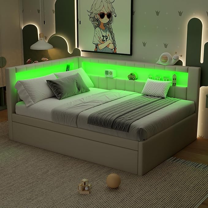 Full Size Soft Daybed with Trundle, Storage Shelves and LED Belt, Linen Upholstered Corner Bed with L-Shaped Bookshelf Headboard and USB Charger for Kids Boys Girls, White