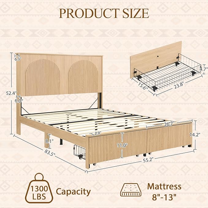 XIAOWEI Fluted Full Size Bed Frame with 52.4" Tall Headboard & 2 Storage Drawers,Sturdy Wooden Frame with Underbed Storage,No Box Spring Needed Platform Bed,Easy Assembly Low Profile Bed Frame,Natural