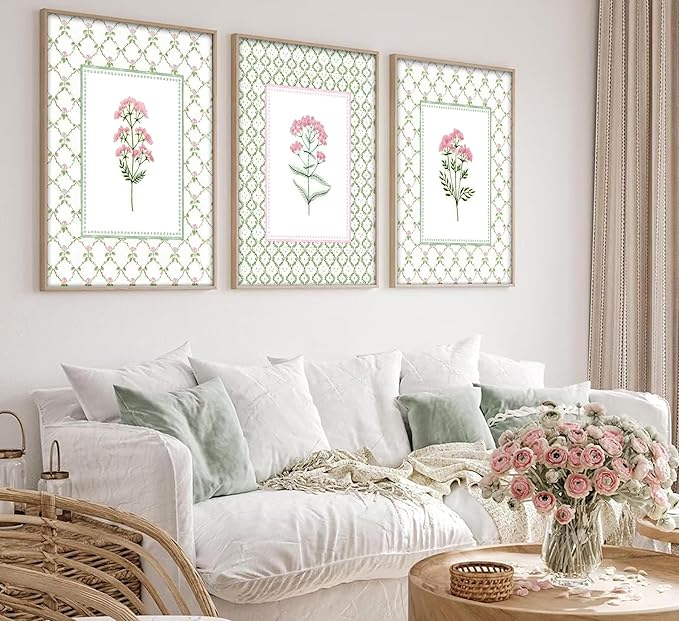 3Pcs Pink Green Floral Wall Art Wildflower Baby Room Painting Picture Wall Decor Pastel Botanical Poster Print Artwork for Bedroom Living Room Girls Bedroom Nursery Dining Room Home Decoration