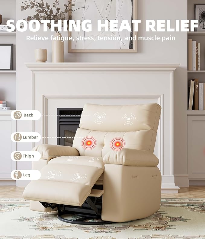GarveeHome Oversized Power Rocker Swivel Recliner Chair - Heat and Massage, PU Leather Electric Glider Rocking Chair with USB Port, Glider Recliner Nursery Chair for Living Room, Bedroom, Nursery