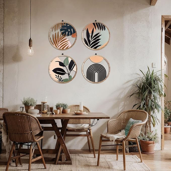 Qunclay 4 Pieces Boho Wall Art Wooden Round Wall Decor Hollow-out Hanging Art Nursery Decor Farmhouse Geometric Hanging 10 Inch Aesthetic Wood Minimalist for Apartment Bedroom Bathroom Gift(Elegant)