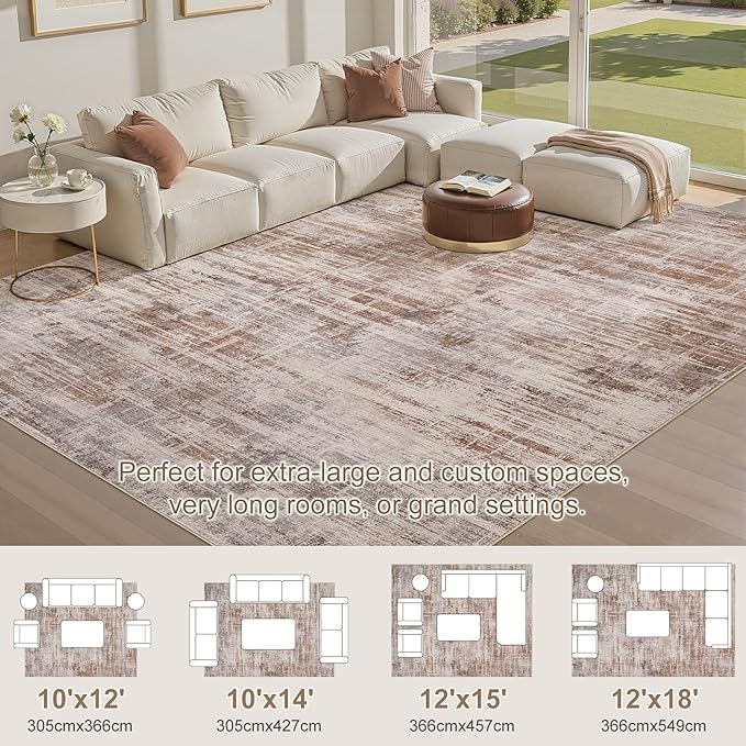 Area Rug for Living Room: 10x12 Washable Neutral Abstract Modern Soft Rugs Non Slip Indoor Floor Stain Resistant Large Carpet for Bedroom Dining Room Office Nursery - Red Brown