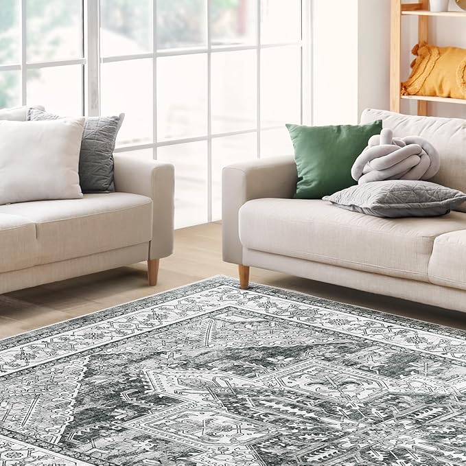 WITSHOCK Living Room Area Rugs 8x10: Washable Rug Boho Soft Non-Slip Low Pile Stain Resistant Foldable Carpet for Bedroom Playroom Dining Room Office Kitchen Farmhouse Home Decor Rug-Gray
