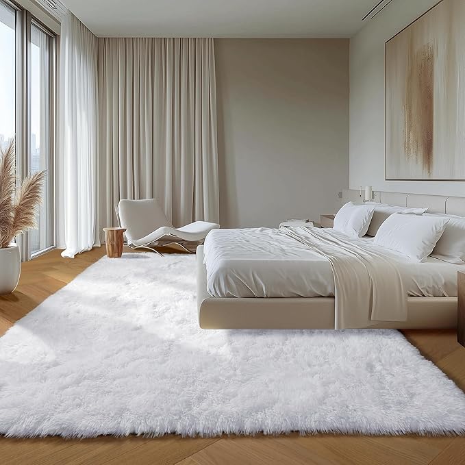 ONASAR White 6x9 Area Rugs for Living Room Bedroom, Washable Large Fluffy Bedside Throw Rug, Soft Plush Shaggy Fuzzy Floor Carpet for Nursery Kids Girls Boys Teen Dorm Home Office Decor Aesthetic