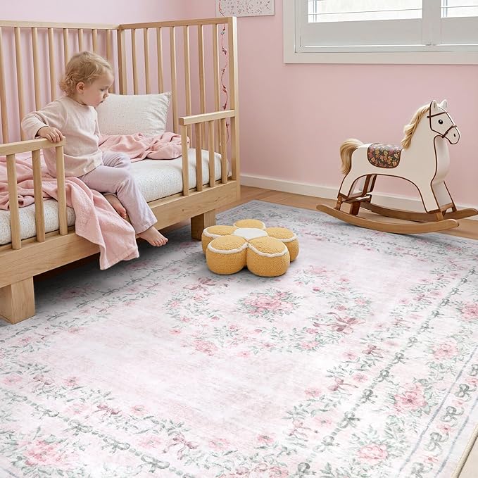 Wonnitar Floral Bow Rug for Girls Bedroom, Pink Area Rug 6x9 for Room Decor, Washable Ultra-Thin Non Slip Soft Boho Aesthetic Carpet for Baby Nursery Kids Room Living Room, Light Pink