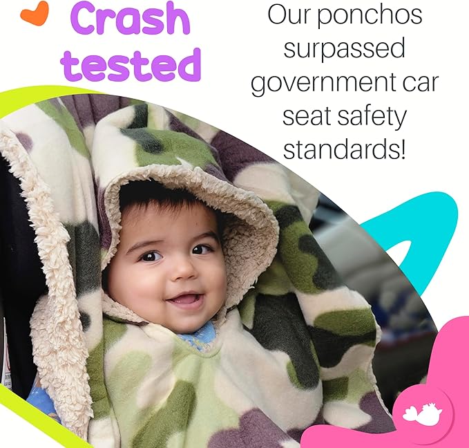 Birdy Boutique Car Seat Poncho for Kids – Safe to Use Over Seat Belts – Reversible Warm and Cozy Blanket – Easy on Easy Off and Doesn’t Impact Car Seat Performance – Camo and Bear – One Size