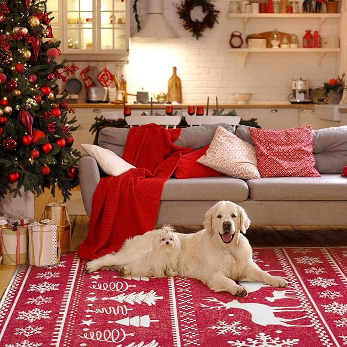 5x7 Machine Washable Christmas Area Rug, Non-Slip Floor Rugs for Kids, Low Pile Room Carpet for Living Room, Bedroom, Dining Room & Nursery(5x7 Elk)
