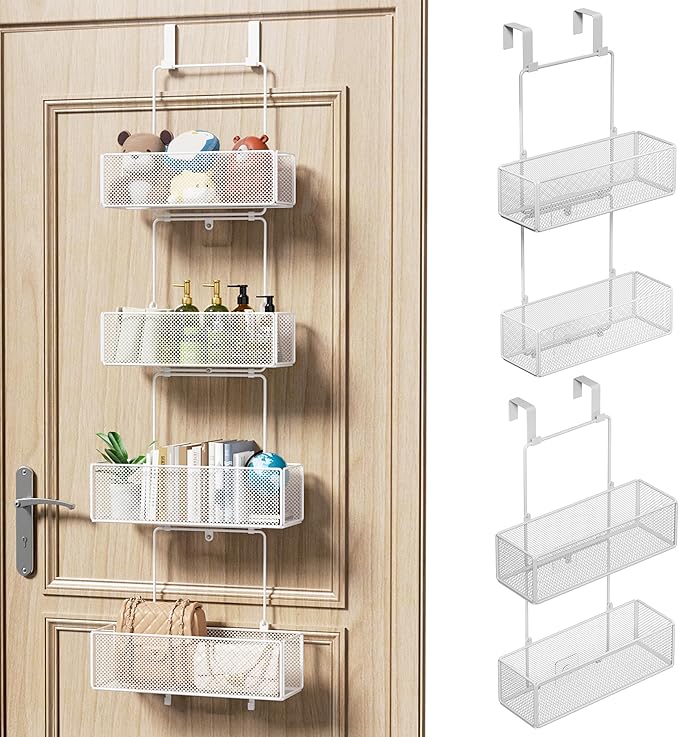 HapiRm Over Door Organizer Storage - Separable Door Organizer Hanging with 4 Metal Large Capacity Baskets for Bathroom Bedroom Kitchen Pantry Closet (White)