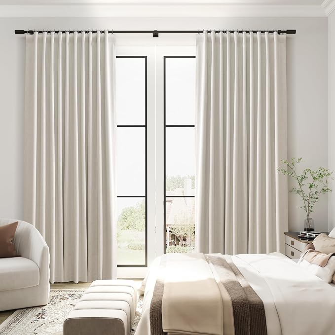Cream Linen 100% Blackout Curtains for Bedroom 80 Inch Length 2 Panel Sets Natural Light Blocking Thermal Insulated Privacy Curtains for Dining Room Textured Beige Drapes Back Tab Hook Belt 52x80