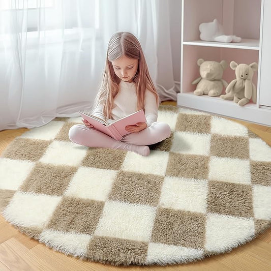 KICMOR Round Rugs 5ft for Bedroom Living Room, Fluffy Soft Circle Area Rug Fuzzy Shag Shaggy Carpet, Beige and Cream White Checkered Circular Rug for Kids Girls Boys Nursery Home Decor Aesthetic
