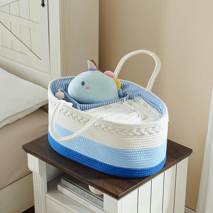 Baby Diaper Caddy Organizer, Extra Large Cotton Rope Nursery Diaper Basket, Changing Table Organizer, Portable Tote Bag with Divider, Car Storage, Baby Shower Gifts for Newborn Boys - Blue