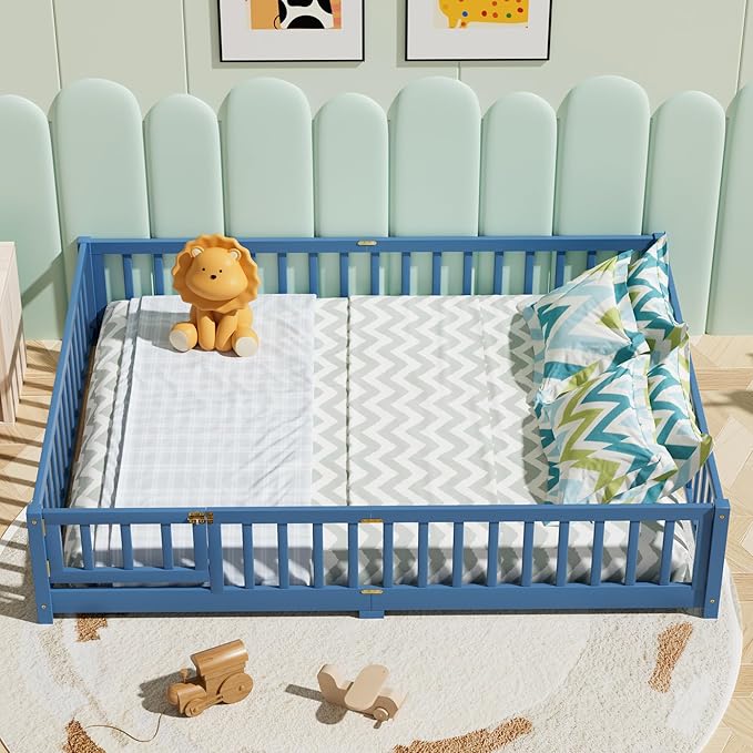 i-POOK Queen Floor Bed Frame with Wood Slats, High Fence & Small Door, Pinewood Montessori Floor Bed for Girls and Boys, Mist Blue