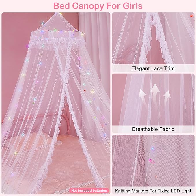 Beinou Bed Canopy for Girls with Timer Remote Canopy Bed with Lights Breathable Net Canopy for Bed Kids Girls Room Decor,White