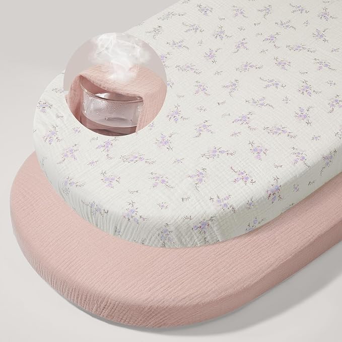 Basumee Muslin Bassinet Sheets for Baby Girl Boy 2 Pack Soft Breathable Baby Bedside Bassinet Fitted Sheets with Bottom Elastic Band 33''x17''x4'' Mattress Cover for Rectangle Oval Hourglass Bassinets