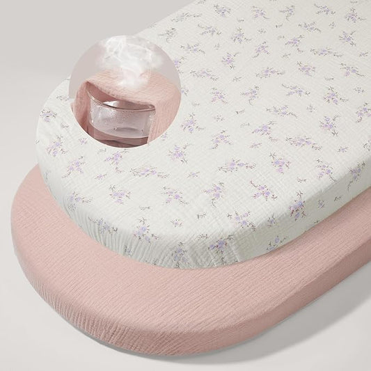 Basumee Muslin Bassinet Sheets for Baby Girl Boy 2 Pack Soft Breathable Baby Bedside Bassinet Fitted Sheets with Bottom Elastic Band 33''x17''x4'' Mattress Cover for Rectangle Oval Hourglass Bassinets