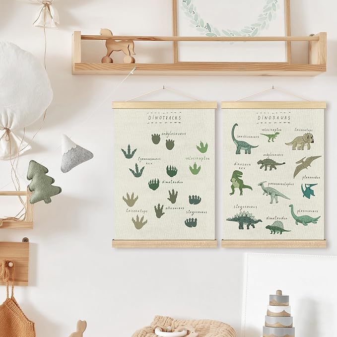 BCUANGD Dinosaur Dino Wall Decor Set of 2 - Baby Toddler Boys Room Wall Art Poster Hanger with Wood Frames, Inspirational Wall Hanging Canvas Decor for Kids Room Playroom Nursery Bedroom, 12x16 Inches